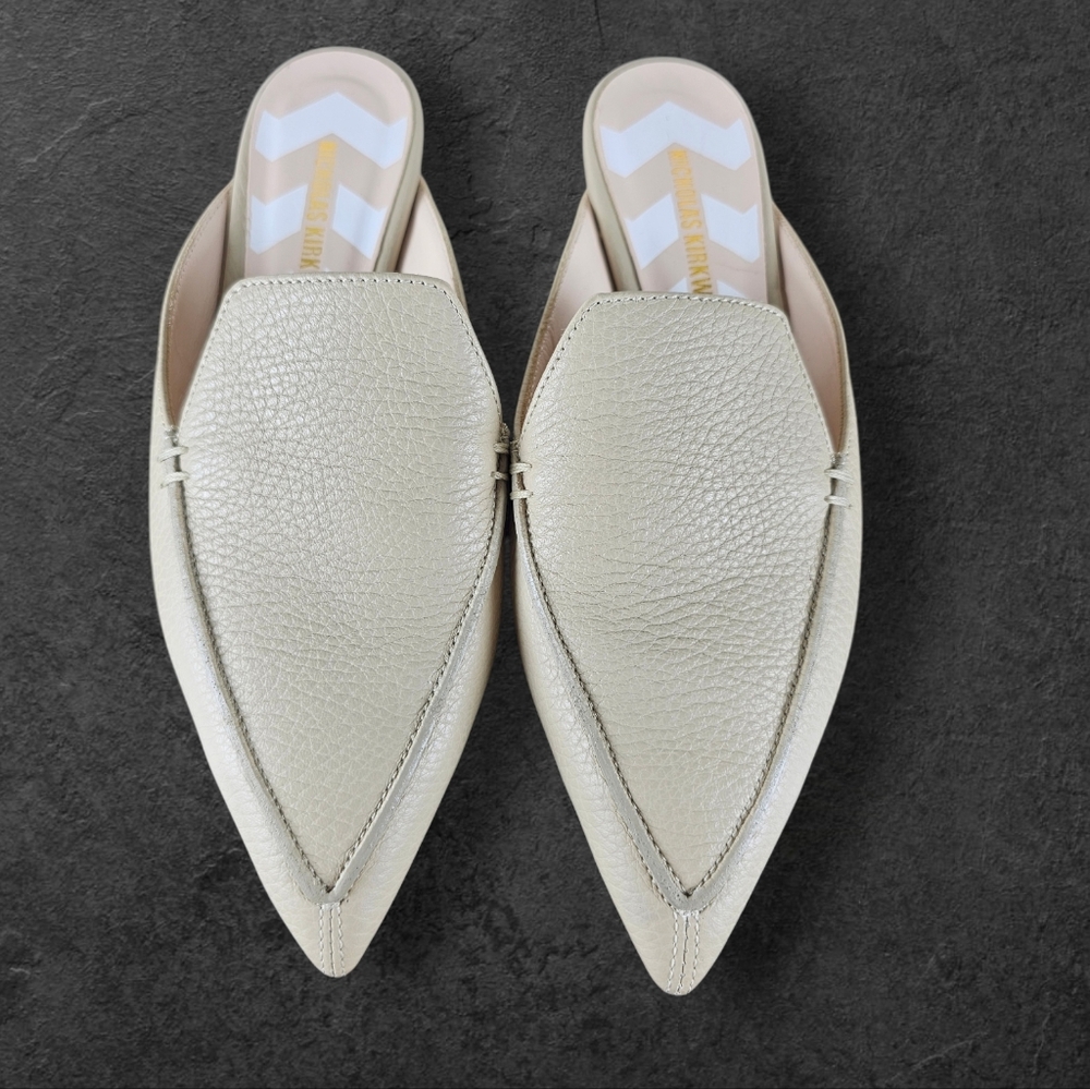 Nicholas Kirkwood Beya Elegant Cream Pointed Toe Quiet Lux Mules Sz EU 37 US 6.5